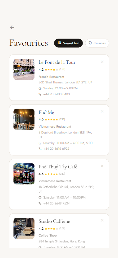 Nibbl favourites — your saved restaurants and cafés